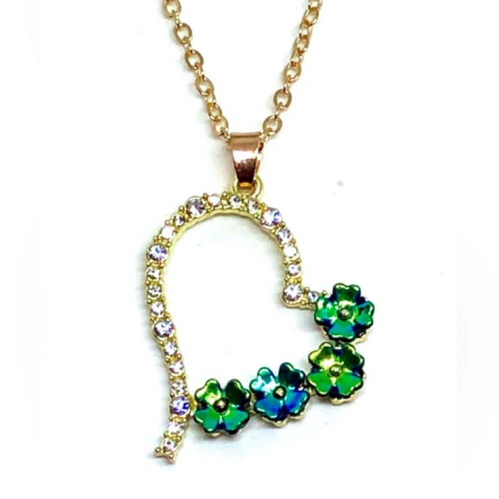 Green Iridescent Flower Crystal Hollow Asymmetric Heart Pendant Chain Necklace